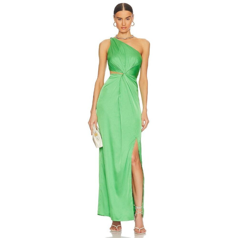 AMUR Deena One Shoulder Satin Evening Gown Green Daylily Womens Size 10